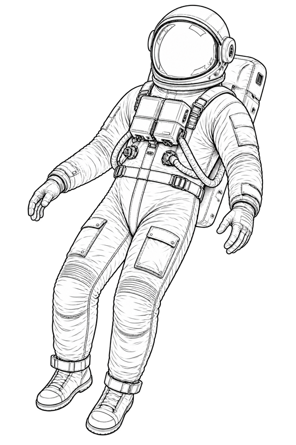Black ink line drawing of an astronaut.